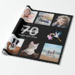 70th birthday party photo collage woman black wrapping paper<br><div class="desc">For a 70th birthday party for a woman,  celebrating her life with a collage of 10 of your own photos.  Photo of family,  friends,  pets,  vacations,  children,  grandchildren. Templates for a name and the age 70 and a date.  White and grey coloured letters.  Elegant black background.</div>