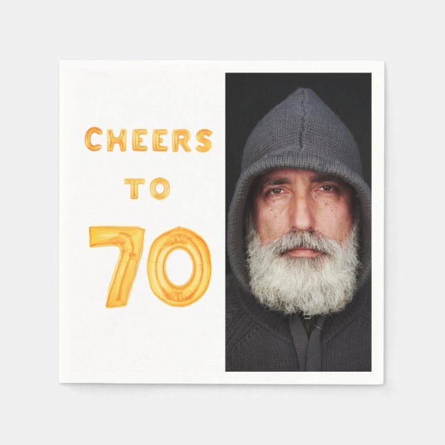 70th birthday party photo gold balloons cheers napkin (Front)