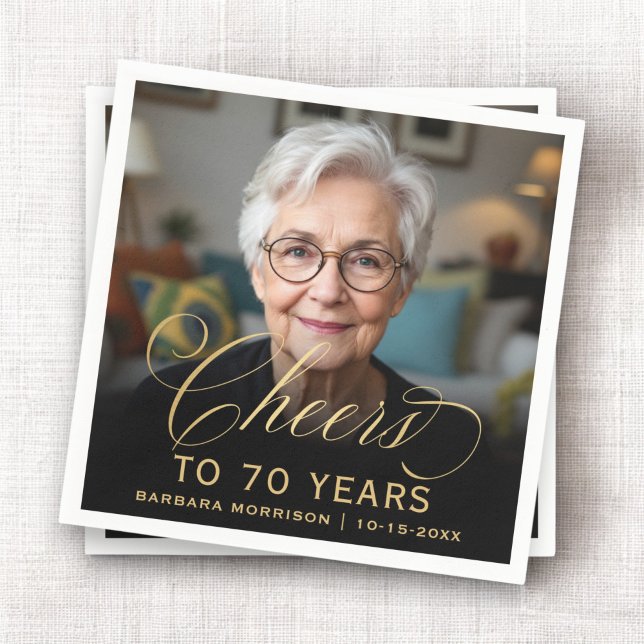 70th Birthday Party Photo Gold Script Cheers  Napkin (Creator Uploaded)