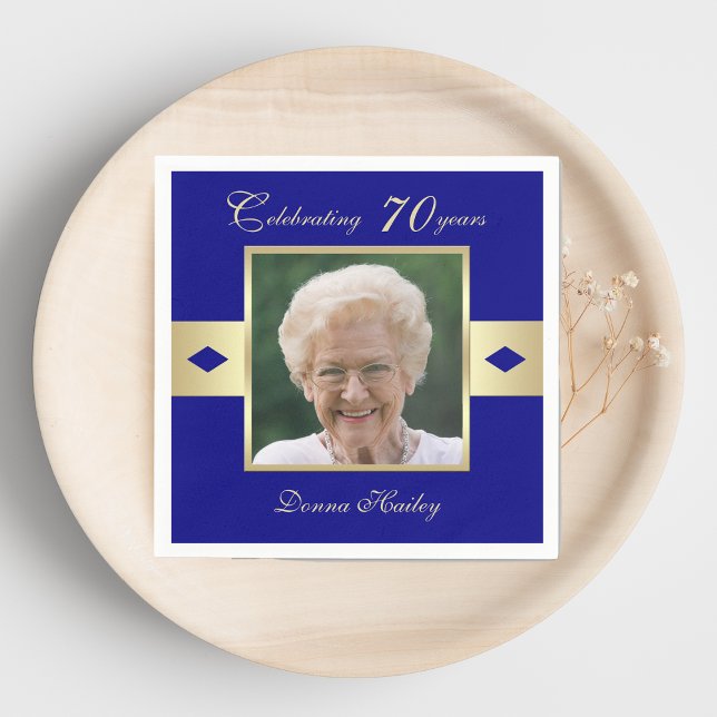70th Birthday Party Photo on Navy Blue Paper Napkin (Creator Uploaded)