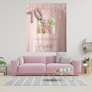 70th birthday party photo rose gold glitter pink tapestry