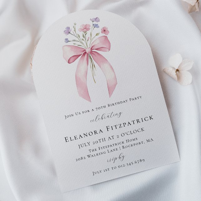 70th Birthday Party Pink Bow Wildflower Arch Invitation (Creator Uploaded)
