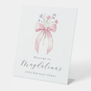 70th Birthday Party Pink Bow Wildflower Welcome Pedestal Sign