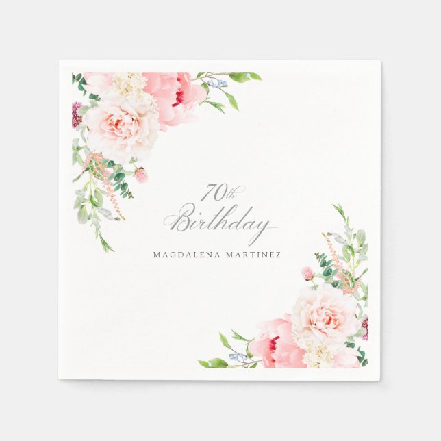 70th Birthday Party Pink Floral Custom Cocktail Napkin (Front)