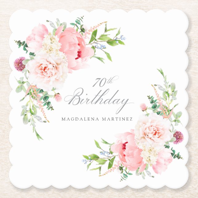 70th Birthday Party Pink Floral Custom Paper Coaster (Front)