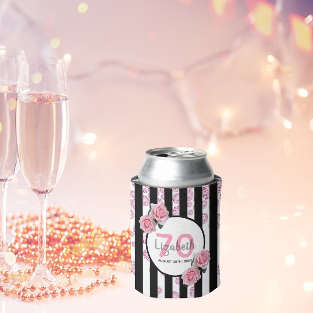 70th birthday party pink florals stripes glam can cooler (Creator Uploaded)