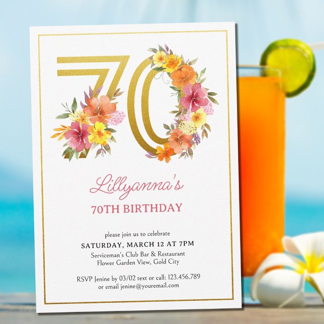 70th Birthday Party Pretty Floral Gold Number 70 Invitation (Creator Uploaded)