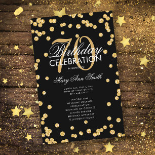 70th Birthday Party Program Gold Glitter w/ Menu