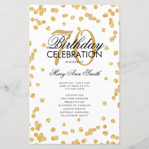 70th Birthday Party Program Gold Glitter w/ Menu