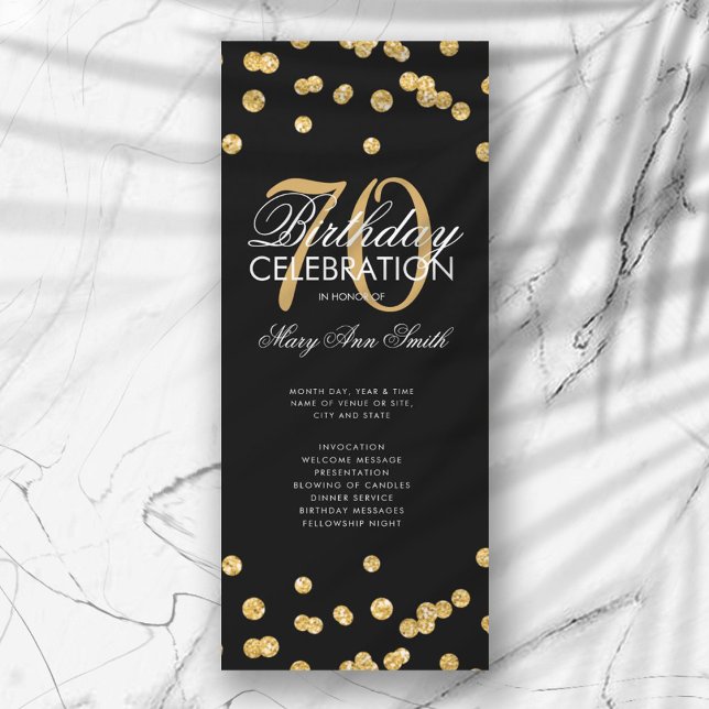 70th Birthday Party Program Gold Glitter w/ Menu Invitation (Creator Uploaded)