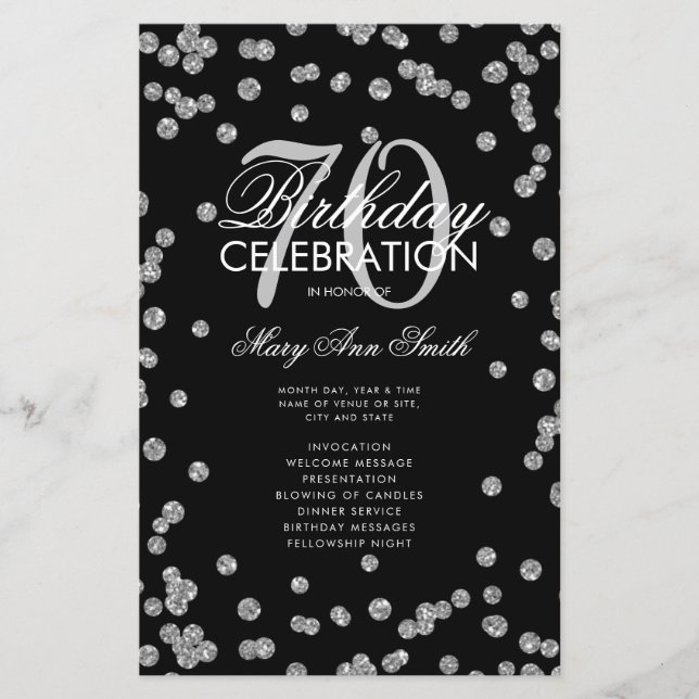 70th Birthday Party Program Silver Glitter w/ Menu (Front)