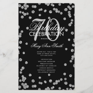 70th Birthday Party Program Silver Glitter w/ Menu