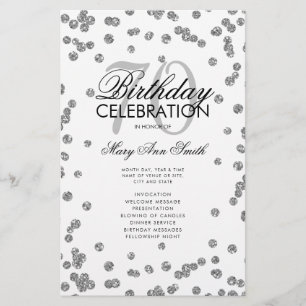 70th Birthday Party Program Silver Glitter w/ Menu