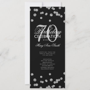 70th Birthday Party Program Silver Glitter w/ Menu Invitation
