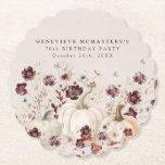 70th Birthday Party Pumpkin Wildflower Custom Paper Coaster<br><div class="desc">White Fall pumpkins are nestled in delicate burgundy red wildflowers to create an elegant aesthetic. All of the text is editable so you can easily craft your own special mood.</div>