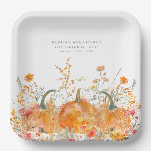 70th Birthday Party Pumpkin Wildflower Custom Paper Plate (Front)