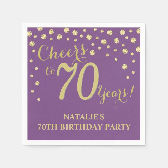 70th Birthday Party Purple and Gold Diamond Napkin (Front)