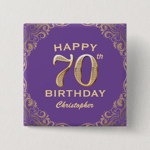 70th Birthday Party Purple and Gold Glitter Frame 15 Cm Square Badge