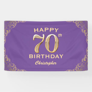 70th Birthday Party Purple and Gold Glitter Frame Banner
