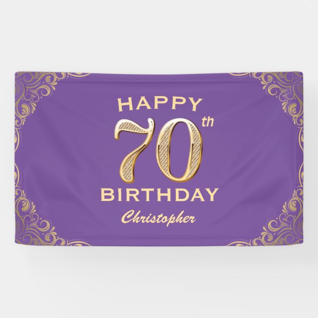 70th Birthday Party Purple and Gold Glitter Frame Banner (Horizontal)