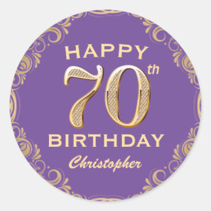 70th Birthday Party Purple and Gold Glitter Frame Classic Round Sticker
