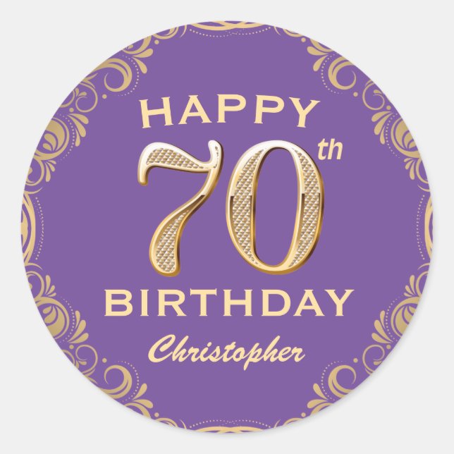 70th Birthday Party Purple and Gold Glitter Frame Classic Round Sticker (Front)