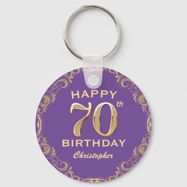 70th Birthday Party Purple and Gold Glitter Frame Key Ring (Front)