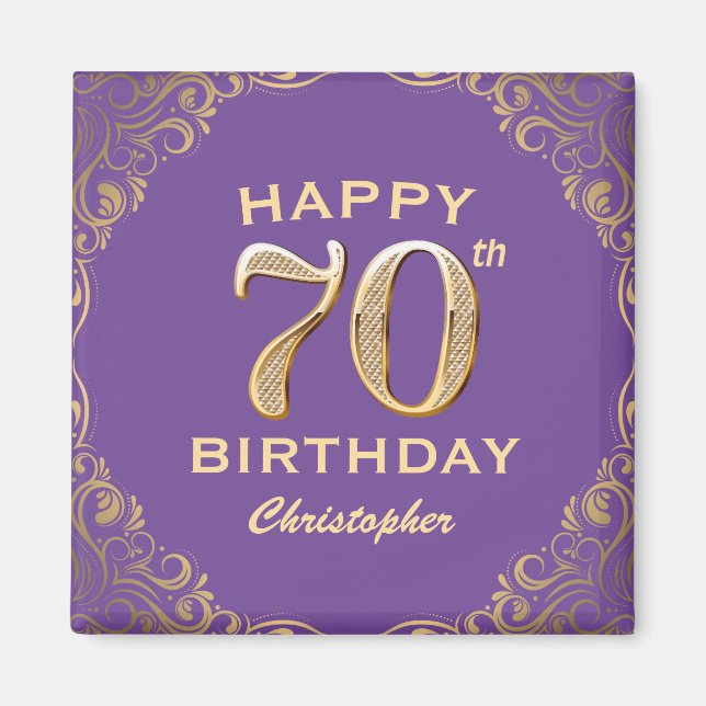 70th Birthday Party Purple and Gold Glitter Frame Magnet (Front)