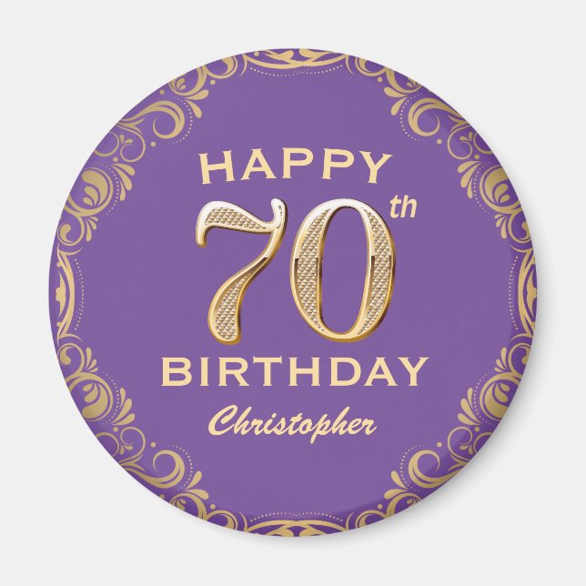 70th Birthday Party Purple and Gold Glitter Frame Magnet (Front)