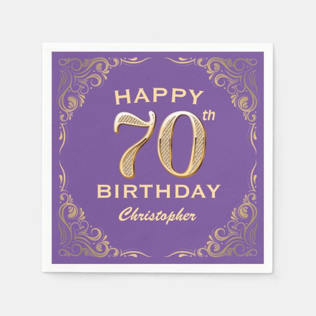 70th Birthday Party Purple and Gold Glitter Frame Napkin (Front)