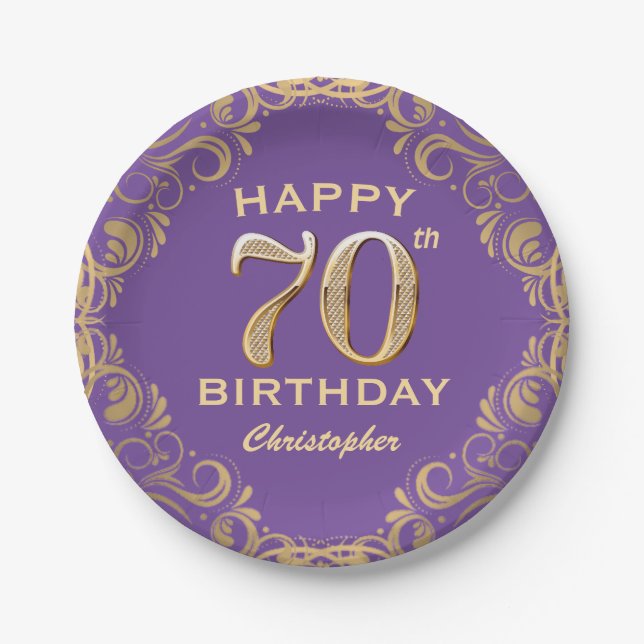 70th Birthday Party Purple and Gold Glitter Frame Paper Plate (Front)