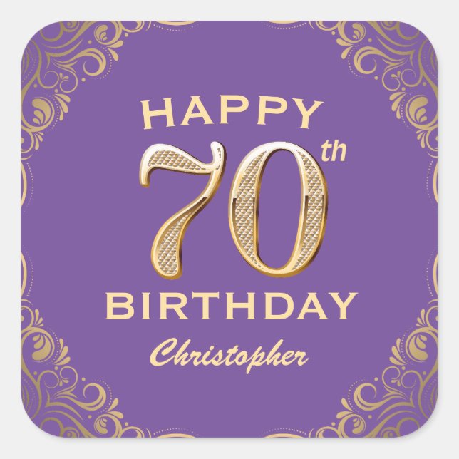 70th Birthday Party Purple and Gold Glitter Frame Square Sticker (Front)