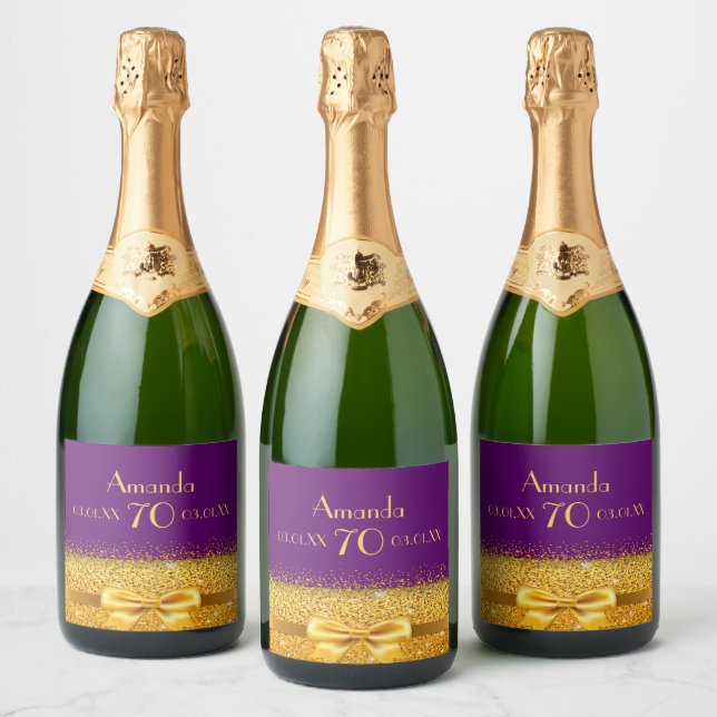 70th birthday party purple gold bow sparkling wine label (Bottles)