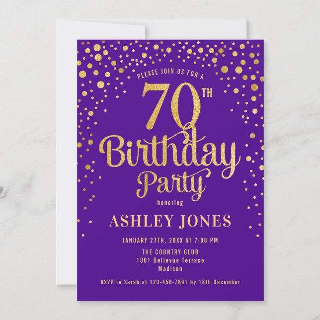 70th Birthday Party - Purple & Gold Invitation (Front)