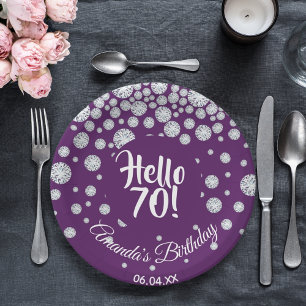 70th birthday party purple hello 70 diamonds name paper plate