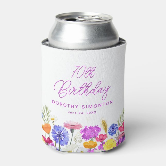 70th Birthday Party Purple Wildflower Custom Can Cooler (Can Front)