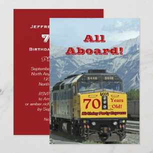 70th Birthday Party Railroad Train Yellow Engine Invitation