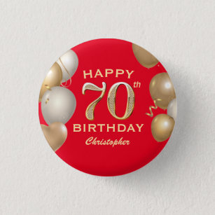 70th Birthday Party Red and Gold Balloons 3 Cm Round Badge