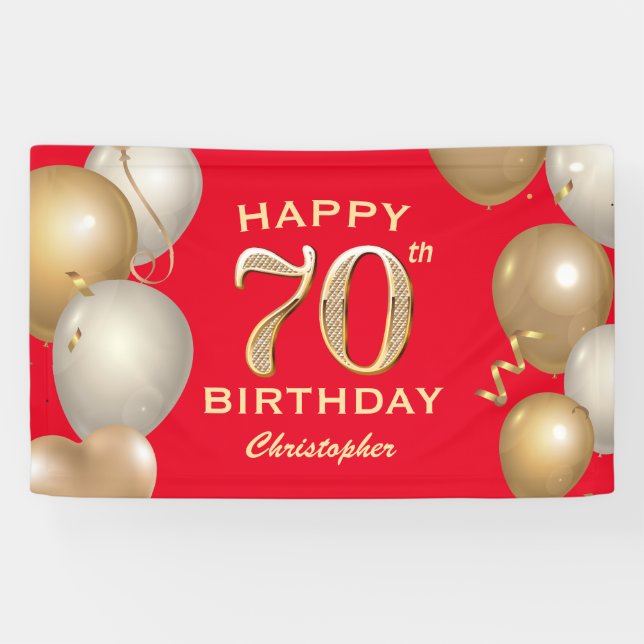 70th Birthday Party Red and Gold Balloons Banner (Horizontal)