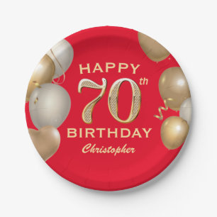 70th Birthday Party Red and Gold Balloons Paper Plate