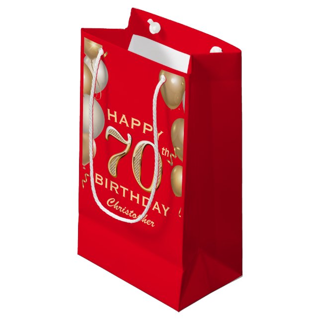 70th Birthday Party Red and Gold Balloons Small Gift Bag (Front Angled)