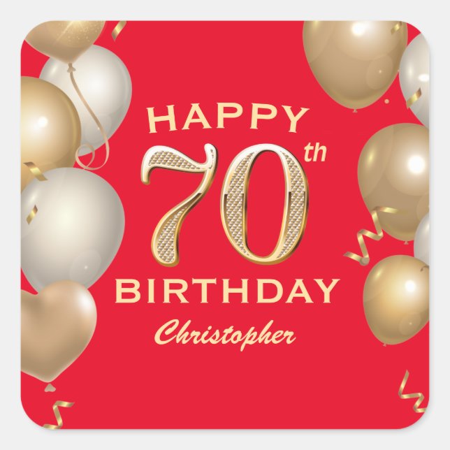 70th Birthday Party Red and Gold Balloons Square Sticker (Front)
