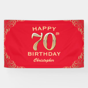 70th Birthday Party Red and Gold Glitter Frame Banner