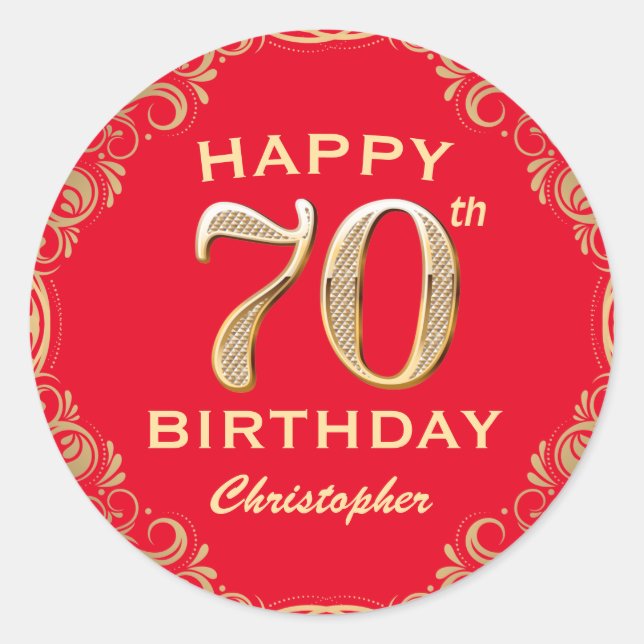 70th Birthday Party Red and Gold Glitter Frame Classic Round Sticker (Front)