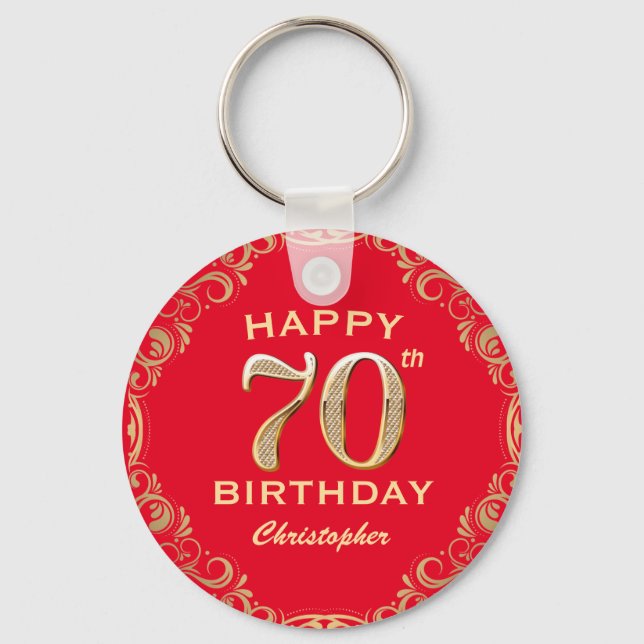 70th Birthday Party Red and Gold Glitter Frame Key Ring (Front)