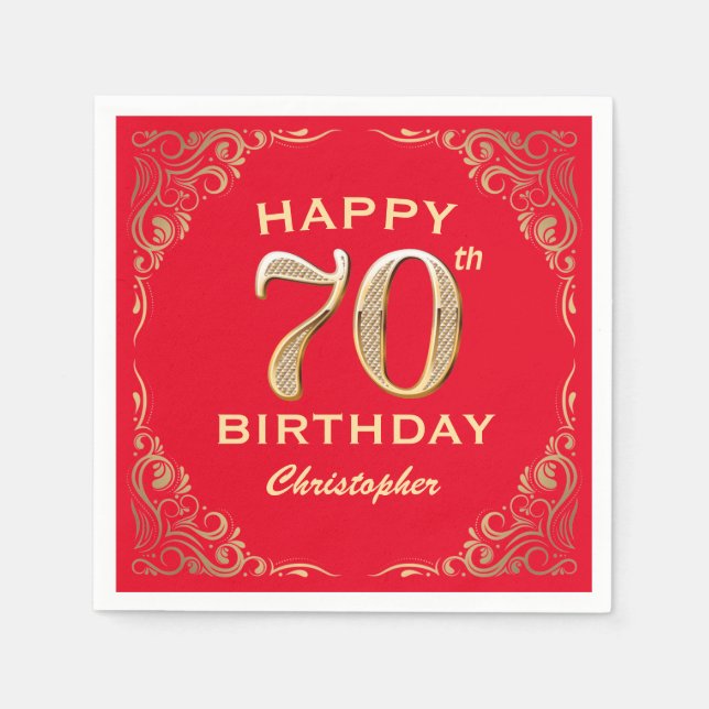 70th Birthday Party Red and Gold Glitter Frame Napkin (Front)