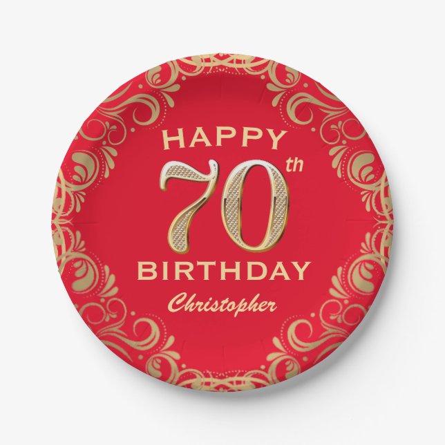 70th Birthday Party Red and Gold Glitter Frame Paper Plate (Front)