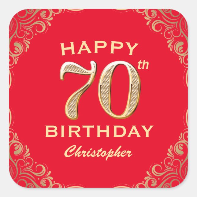 70th Birthday Party Red and Gold Glitter Frame Square Sticker (Front)
