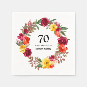 70th Birthday Party Red Orange Yellow Fall Floral Napkin