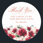 70th Birthday Party Red Pink Floral Thank You Classic Round Sticker<br><div class="desc">Add a special touch to your 70th birthday party favours with this elegant round thank you sticker. It features a watercolor red rose and pink peony floral border along the bottom. Dark green leaves give it a rustic botanical vibe. Thank you is written in a beautiful classic script. Two lines...</div>